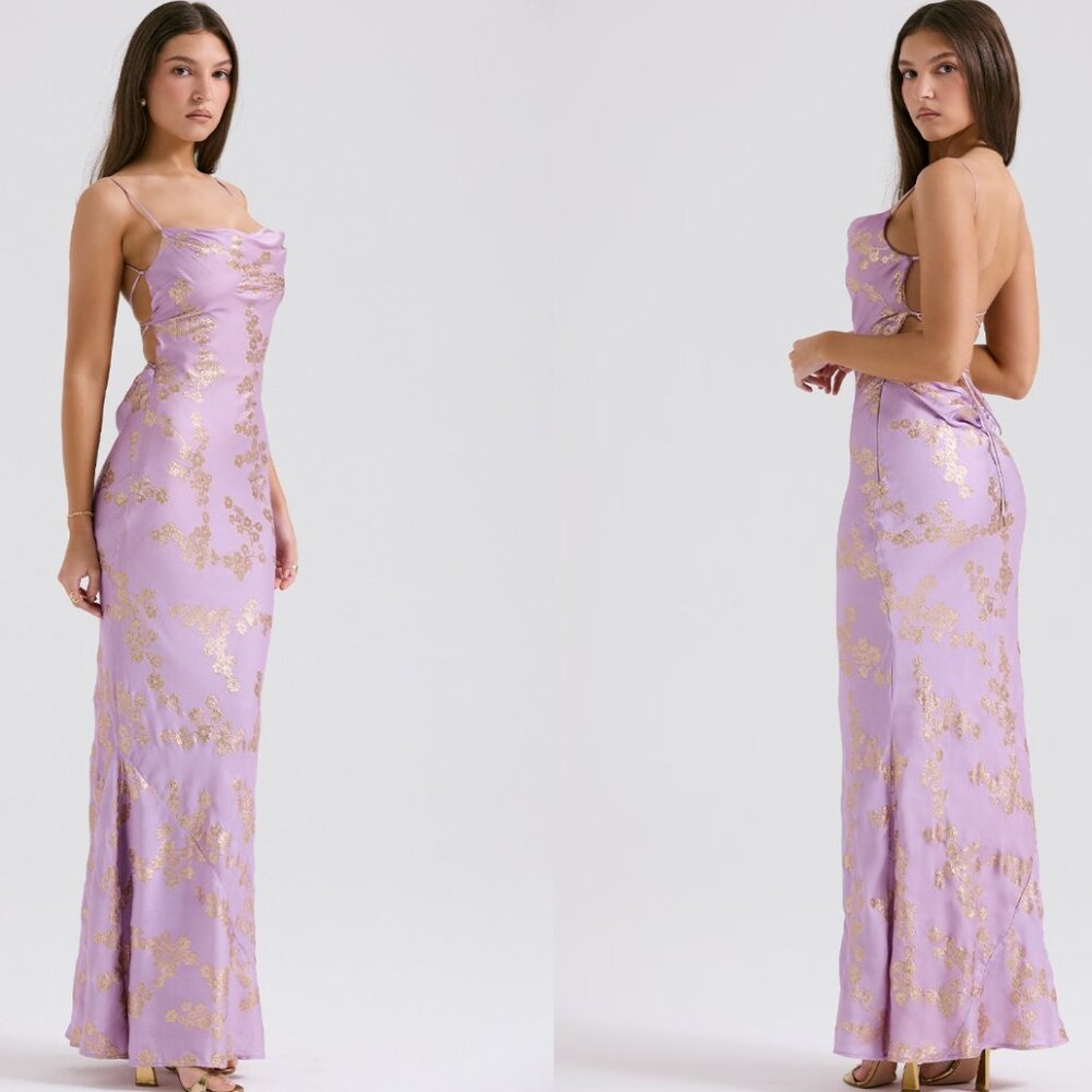 HOUSE OF CB‎ 'Capriana' Orchid Jacquard Satin Gown NWOT metallic gold purple M - Picture 12 of 13